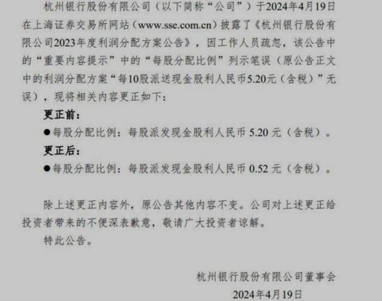 杭州银行再犯低级错误：“10股派息5.2元”写成“每股派息5.2元...