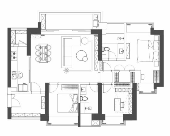 148平现代风四居室客厅茶几是碗状的，灰蓝色的卧室空间安静...