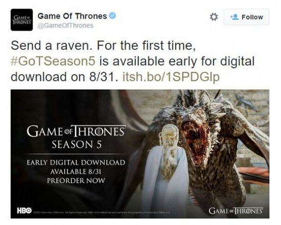 HBO宣布8月31日推出第五季《权力的游戏》官方数字<em>下载</em>版 先于...