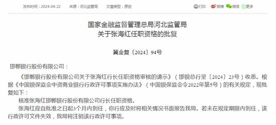 邯郸银行新行长张海红任职获批，董事长仍在位“超期服役”近十...