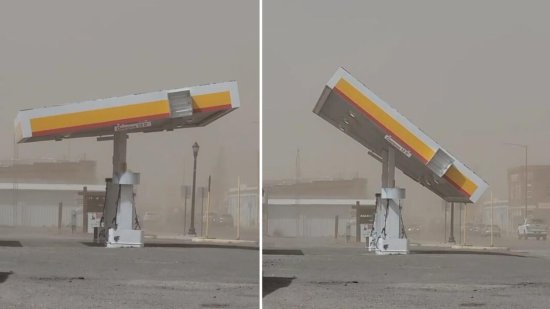惊险一幕！美国科罗拉多州一座加油站顶棚被强风吹翻