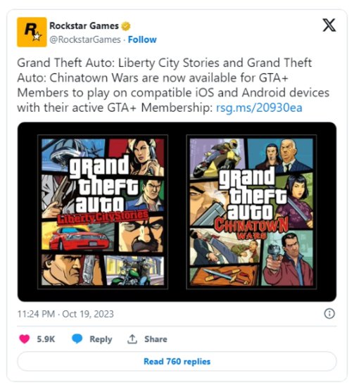 R星发布GTA Plus新福利，免费送玩《侠盗猎车手：自由城故事》...
