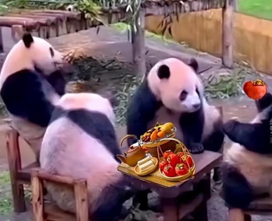 4只熊猫围坐一桌吃东西 熊猫：谁懂啊，<em>今天</em>打<em>麻将</em>又输了