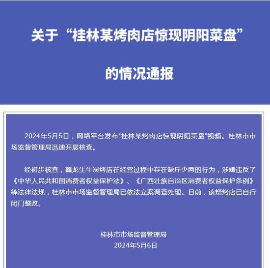 桂林通报“烤肉店现阴阳菜盘”：已依法立案调查处理