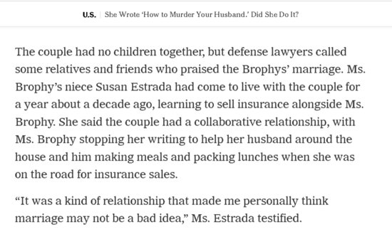 她<em>写</em>了一篇“如何谋杀<em>自己</em>丈夫”的小说，后来她丈夫被谋杀了