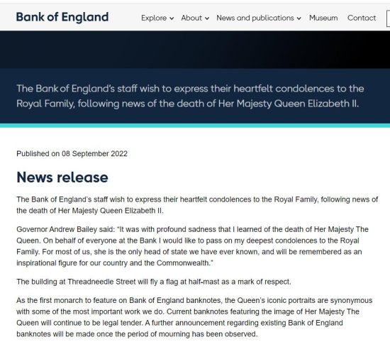 英格兰银行：印有英国女王头像的英镑纸币继续作为法定货币