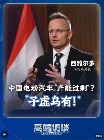 总台专访丨匈牙利外长：中国电动汽车“产能过剩”纯属谬论