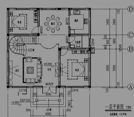 11X10.5米方正户型别墅，5室2厅旋转楼梯，挑空客厅落地窗