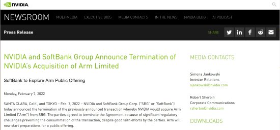 <em>英伟达</em>宣布终止收购Arm 软银将推动Arm上市