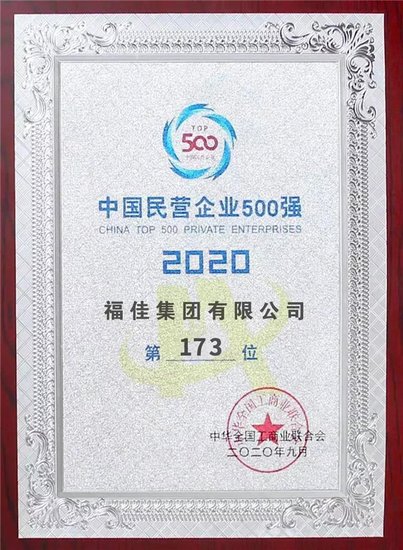 2020中国民营企业500强发布<em> 福佳集团</em>位列173位