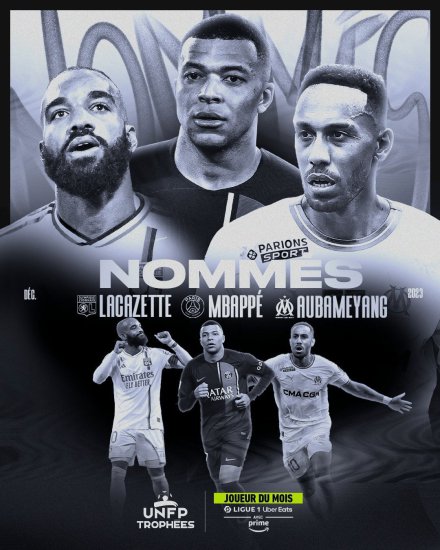 法甲十二月最佳球员候选：姆巴佩、拉卡泽特、奥巴梅杨入选