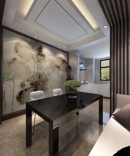 134平混搭中式在白色沙发后墙做收纳设计，餐厅是<em>整面</em>中国山水...