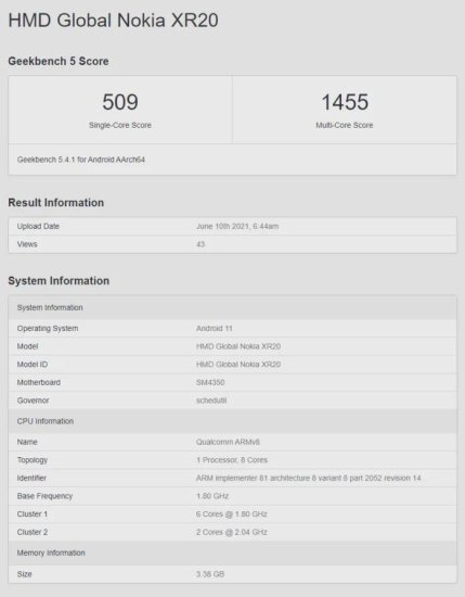 诺基亚新机XR20在Geekbench上被曝光：骁龙480+4GB<em>内存</em>